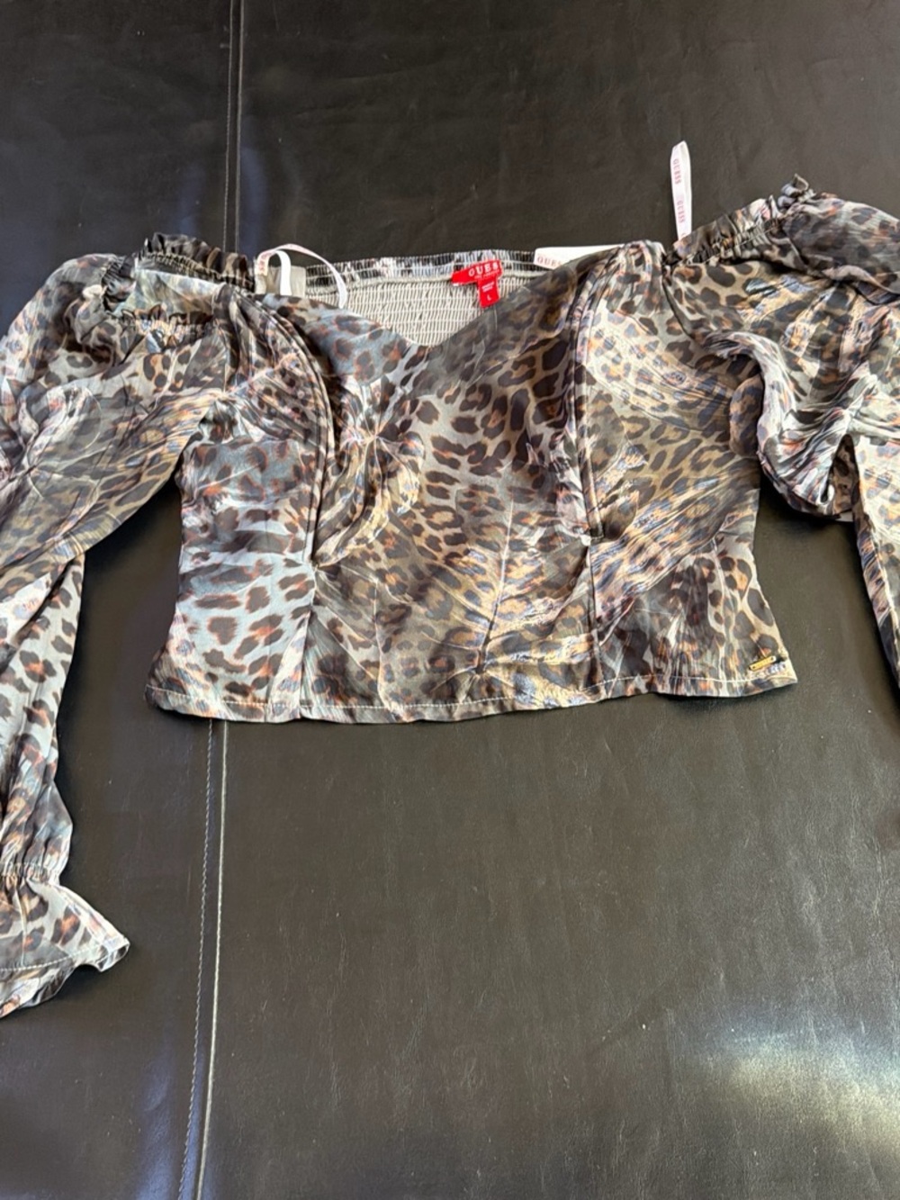 Guess Leopard-Print Off-Shoulder Crop Top in Brown and Gray